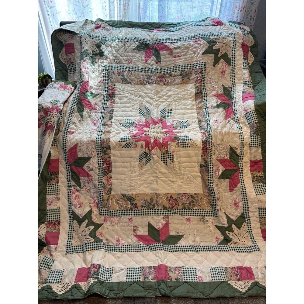 Keeco vtg y2k twin quilt sham star patchwork floral boho crochet cottagecore